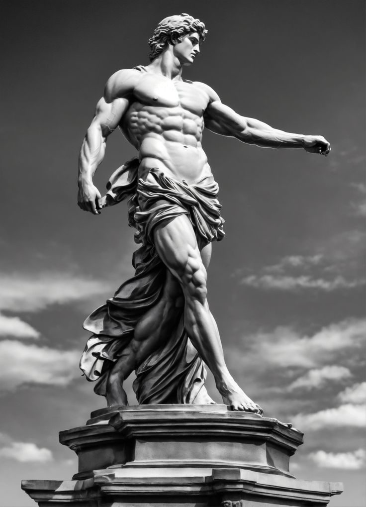 Classical marble statue striding forward on a stone pedestal against the sky