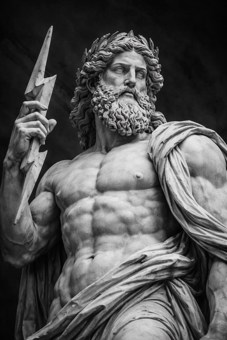 Marble statue of Zeus holding a thunderbolt